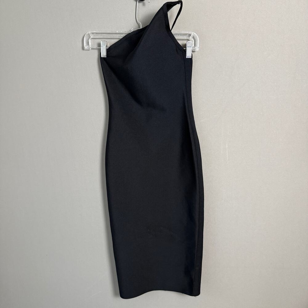 Bella Barnett sz S black asymetrical shoulder strap fitted midi dress NWOT